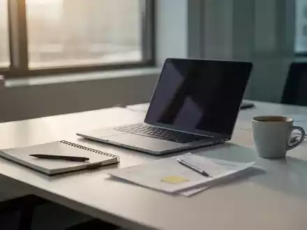 Ein aufgeräumter Schreibtisch in einem modernen Büro mit Laptop und Notizbuch bei natürlichem Tageslicht. - Foto: über boerse-global.de