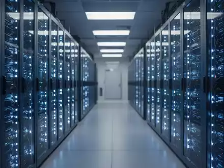 Reihen von leuchtenden Server-Racks in einem modernen Rechenzentrum als Symbol für KI-Leistungsfähigkeit. - Foto: über boerse-global.de