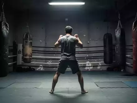 Ein minimalistisch eingerichteter Kampfsportraum mit Boxsäcken und schattiger Beleuchtung, in dem eine Person trainiert. - Foto: über boerse-global.de