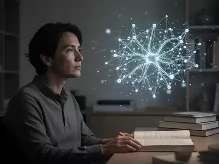 Eine Person betrachtet in einem minimalistisch beleuchteten Raum eine abstrakte, leuchtende Visualisierung eines neuronalen Netzwerks. - Foto: über boerse-global.de