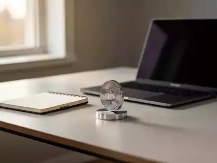 Ein minimalistischer Schreibtisch mit einem Laptop und einer physischen Münze als Symbol für digitale Vermögenswerte. - Foto: über boerse-global.de
