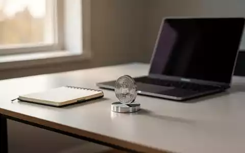Ein minimalistischer Schreibtisch mit einem Laptop und einer physischen Münze als Symbol für digitale Vermögenswerte. - Foto: über boerse-global.de