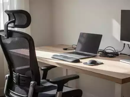Ein aufgeräumter, ergonomisch gestalteter Arbeitsplatz mit modernem Bürostuhl und Schreibtisch bei natürlichem Tageslicht. - Foto: über boerse-global.de