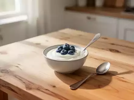 Eine Schale mit Joghurt und frischen Blaubeeren auf einem Holztisch bei natürlichem Tageslicht. - Foto: über boerse-global.de