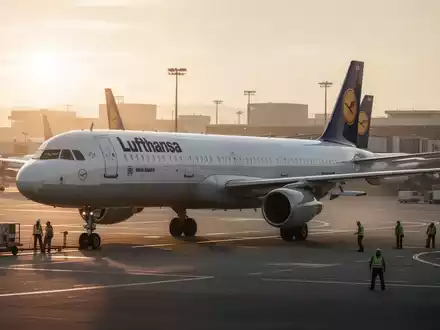 Ein Lufthansa-Flugzeug steht auf dem Rollfeld eines Flughafens während der Abenddämmerung. - Foto: über boerse-global.de