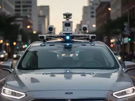 Ein autonomes Fahrzeug mit einem Lidar- und Kamerasensor-Dachaufbau fährt bei Dämmerung durch eine städtische Umgebung. - Foto: über boerse-global.de