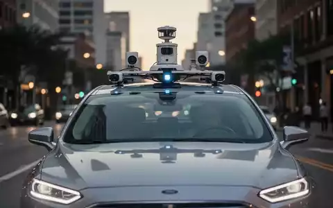 Ein autonomes Fahrzeug mit einem Lidar- und Kamerasensor-Dachaufbau fährt bei Dämmerung durch eine städtische Umgebung. - Foto: über boerse-global.de