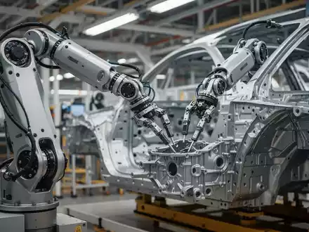 Ein humanoider Roboter arbeitet an einer modernen Automobil-Fertigungsstraße in einer Fabrikhalle. - Foto: über boerse-global.de