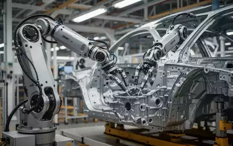 Ein humanoider Roboter arbeitet an einer modernen Automobil-Fertigungsstraße in einer Fabrikhalle. - Foto: über boerse-global.de