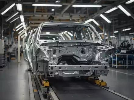 Teilmontierte Fahrzeugkarosserie an einem Fließband in einer deutschen Automobilfabrik. - Foto: über boerse-global.de