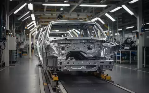 Teilmontierte Fahrzeugkarosserie an einem Fließband in einer deutschen Automobilfabrik. - Foto: über boerse-global.de