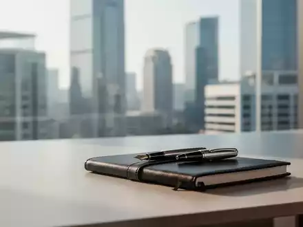 Ein minimalistischer Schreibtisch mit einem Füllfederhalter und einem Notizbuch in einem hellen Büro mit Stadtblick. - Foto: über boerse-global.de