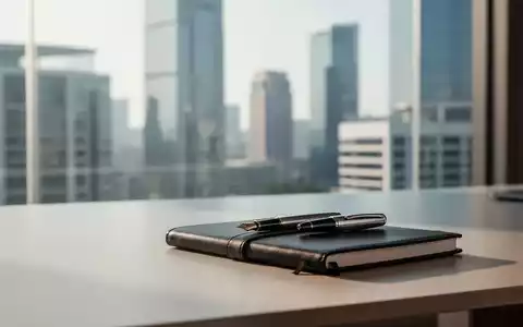 Ein minimalistischer Schreibtisch mit einem Füllfederhalter und einem Notizbuch in einem hellen Büro mit Stadtblick. - Foto: über boerse-global.de