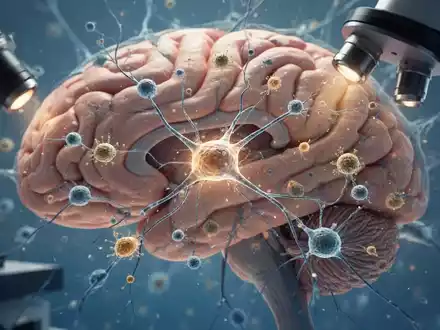 Mikroskopische Aufnahme von Hirngewebe im Hippocampus, die zelluläre Strukturen und Immunzellen in natürlichem Licht zeigt. - Foto: über boerse-global.de