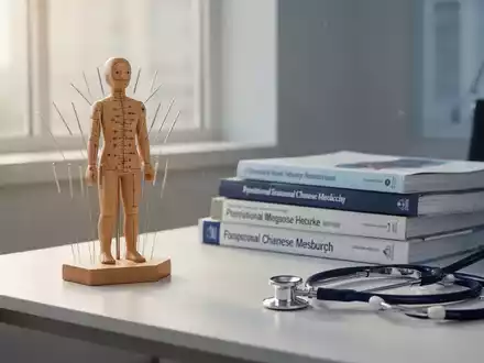 Ein hölzernes Akupunkturmodell und medizinische Fachzeitschriften auf einem Schreibtisch in einer Praxis für TCM. - Foto: über boerse-global.de