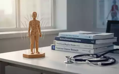 Ein hölzernes Akupunkturmodell und medizinische Fachzeitschriften auf einem Schreibtisch in einer Praxis für TCM. - Foto: über boerse-global.de
