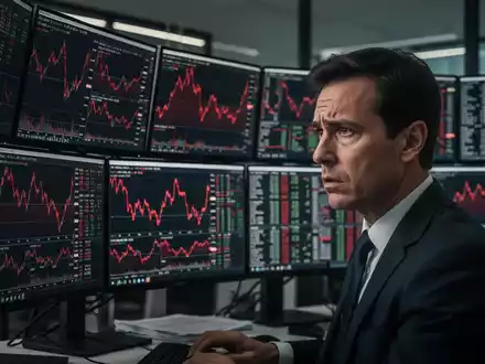 Ein besorgter Finanzexperte vor Bildschirmen mit fallenden Aktienkursen in einem modernen Büro. - Foto: über boerse-global.de