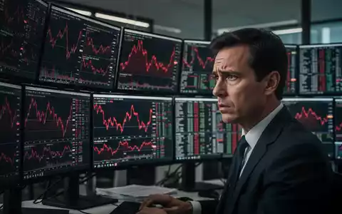 Ein besorgter Finanzexperte vor Bildschirmen mit fallenden Aktienkursen in einem modernen Büro. - Foto: über boerse-global.de