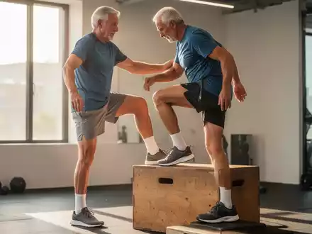 Ein sportlicher Mann über 60 führt in einem hellen Fitnessstudio konzentriert eine Step-up-Übung auf einer Holzbox aus. - Foto: über boerse-global.de
