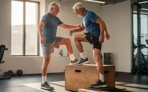 Ein sportlicher Mann über 60 führt in einem hellen Fitnessstudio konzentriert eine Step-up-Übung auf einer Holzbox aus. - Foto: über boerse-global.de