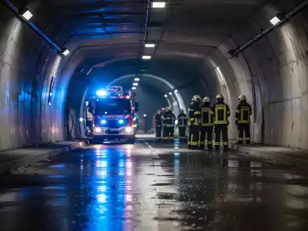 Einsatzkräfte in Schutzkleidung vor einem dunklen Tunnelportal bei einer Katastrophenschutzübung. - Foto: über boerse-global.de