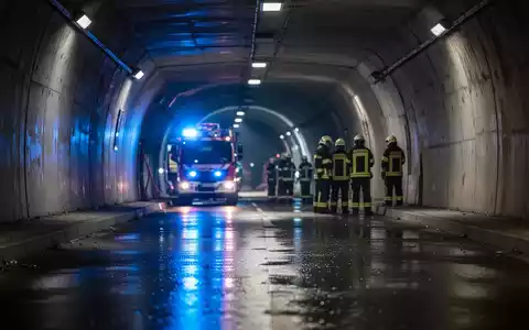 Einsatzkräfte in Schutzkleidung vor einem dunklen Tunnelportal bei einer Katastrophenschutzübung. - Foto: über boerse-global.de