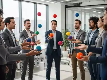 Ein Business-Team übt gemeinsam Jonglieren in einem modernen Büro als Teil eines Workshops zur mentalen Förderung. - Foto: über boerse-global.de