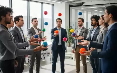 Ein Business-Team übt gemeinsam Jonglieren in einem modernen Büro als Teil eines Workshops zur mentalen Förderung. - Foto: über boerse-global.de