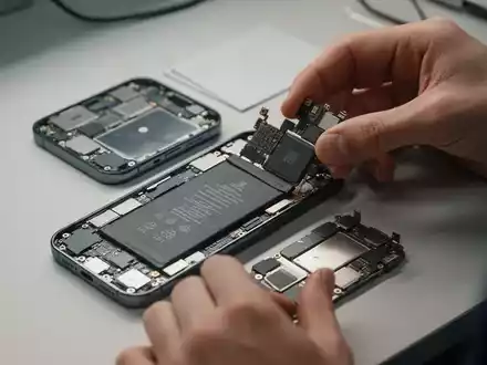 Detailaufnahme der Montage interner Smartphone-Komponenten und Akkumodule an einem professionellen Arbeitsplatz. - Foto: über boerse-global.de