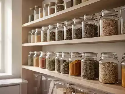 Minimalistisch eingerichtete Speisekammer mit ordentlich aufgereihten Vorratsgläsern und Kräutern in einer hellen Küche. - Foto: über boerse-global.de