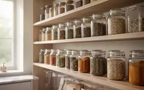 Minimalistisch eingerichtete Speisekammer mit ordentlich aufgereihten Vorratsgläsern und Kräutern in einer hellen Küche. - Foto: über boerse-global.de
