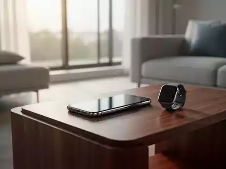 Ein modernes, minimalistisches Wohnzimmer mit einem hochwertigen Smartphone und einer Smartwatch auf einem Beistelltisch. - Foto: über boerse-global.de