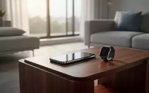 Ein modernes, minimalistisches Wohnzimmer mit einem hochwertigen Smartphone und einer Smartwatch auf einem Beistelltisch. - Foto: ĂŒber boerse-global.de