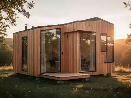 Ein modernes, minimalistisches Tiny House in einer ruhigen Naturlandschaft bei Sonnenlicht. - Foto: über boerse-global.de