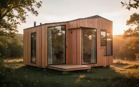 Ein modernes, minimalistisches Tiny House in einer ruhigen Naturlandschaft bei Sonnenlicht. - Foto: über boerse-global.de