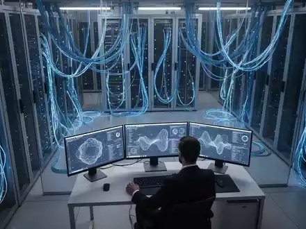 Ein Cybersecurity-Experte arbeitet an einem modernen Arbeitsplatz in einem Serverraum, umgeben von blau leuchtender Hardware. - Foto: über boerse-global.de