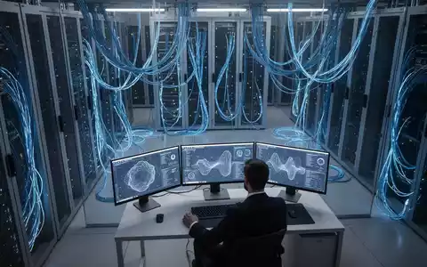 Ein Cybersecurity-Experte arbeitet an einem modernen Arbeitsplatz in einem Serverraum, umgeben von blau leuchtender Hardware. - Foto: über boerse-global.de