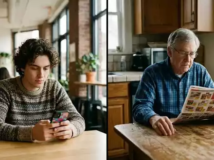 Ein junger Mensch nutzt ein Smartphone in einem Café, während ein älterer Mensch an einem Tisch ein gedrucktes Werbeprospekt liest. - Foto: über boerse-global.de