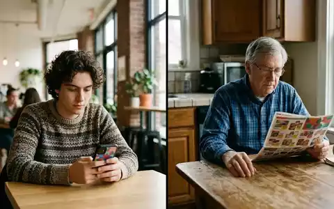 Ein junger Mensch nutzt ein Smartphone in einem Café, während ein älterer Mensch an einem Tisch ein gedrucktes Werbeprospekt liest. - Foto: über boerse-global.de