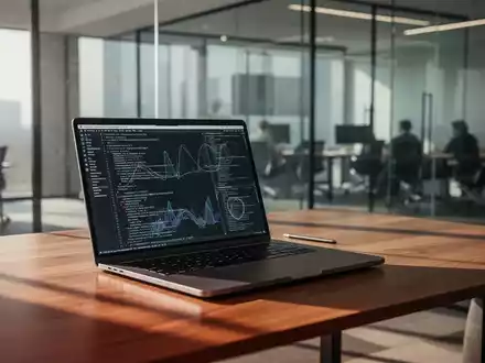 Ein moderner, minimalistischer Arbeitsplatz in einem Tech-Büro mit einem Laptop, das Code und Datenvisualisierungen anzeigt. - Foto: über boerse-global.de
