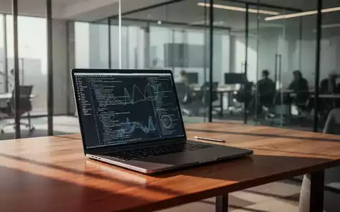 Ein moderner, minimalistischer Arbeitsplatz in einem Tech-Büro mit einem Laptop, das Code und Datenvisualisierungen anzeigt. - Foto: über boerse-global.de