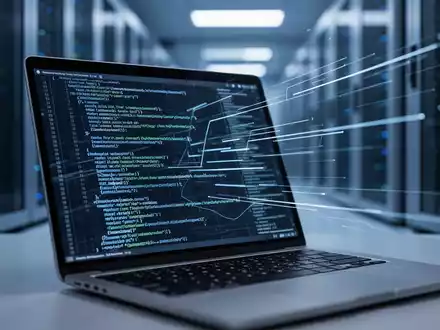 Ein moderner Serverraum mit blauem Umgebungslicht und einem Laptop, der abstrakte Datenströme und Code anzeigt. - Foto: über boerse-global.de