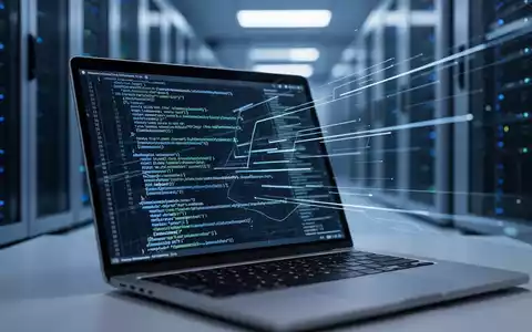 Ein moderner Serverraum mit blauem Umgebungslicht und einem Laptop, der abstrakte Datenströme und Code anzeigt. - Foto: über boerse-global.de
