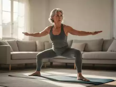 Eine Frau über 50 praktiziert Yoga in einem hellen, minimalistisch eingerichteten Wohnzimmer. - Foto: über boerse-global.de