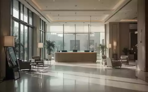 Leere Empfangshalle eines modernen Hotels mit gedämpftem Tageslicht. - Foto: über boerse-global.de