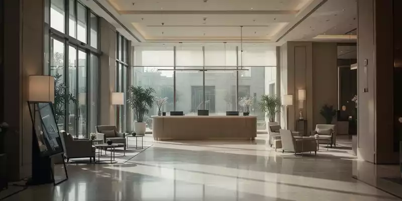 Leere Empfangshalle eines modernen Hotels mit gedämpftem Tageslicht. - Foto: über boerse-global.de