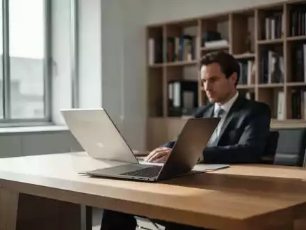 Ein professioneller Arbeitsplatz in einer Kanzlei oder Praxis mit einem Laptop bei natürlichem Tageslicht. - Foto: über boerse-global.de