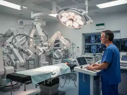 Chirurg steuert einen hochmodernen OP-Roboter in einem sterilen, hell beleuchteten Operationssaal eines Krankenhauses. - Foto: über boerse-global.de