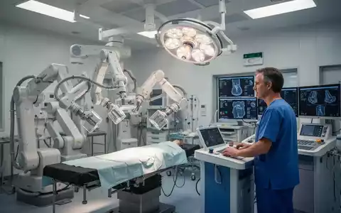 Chirurg steuert einen hochmodernen OP-Roboter in einem sterilen, hell beleuchteten Operationssaal eines Krankenhauses. - Foto: über boerse-global.de