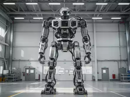 Ein 2,7 Meter hoher, bemannter Transformations-Mecha in einer modernen Industriehalle während einer Testphase. - Foto: über boerse-global.de